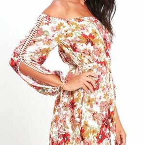 Off The Shoulder Floral Mini Dress M Lulus Summer Cottage Boho Resort Smocked